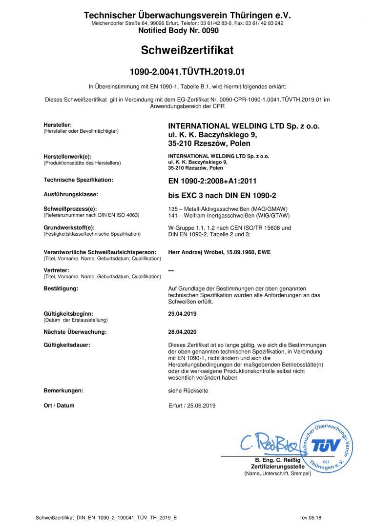 FB CPR 1090-1 010 Schweißzertifikat 90041 TÜV TH 2019 01 DE
