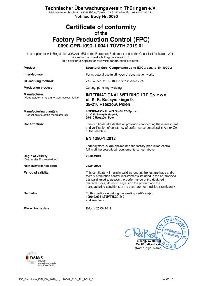 FB CPR 1090-1 014 Certificate FPC 190041 TÜV TH 2019 01 EN