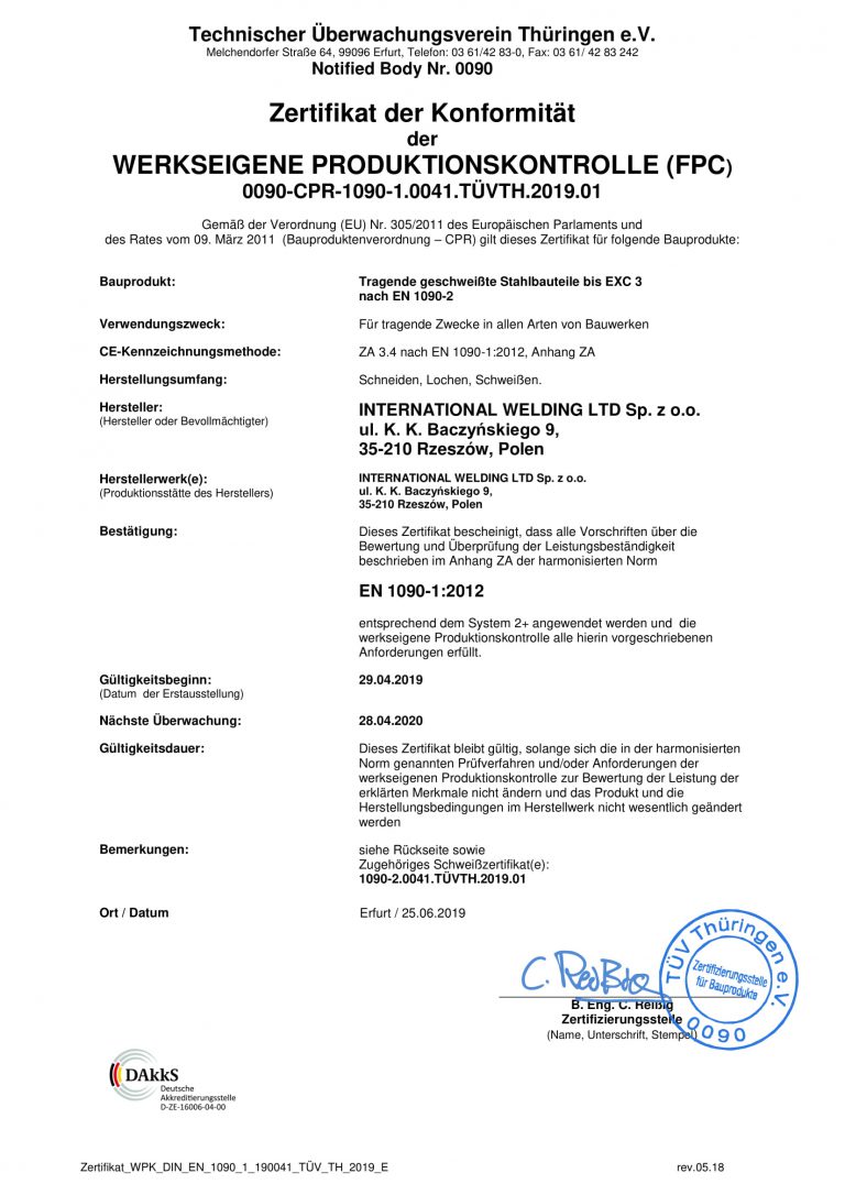 FB CPR 1090-1 014 Zertifikat WPK 190041 TÜV TH 2019 01 DE