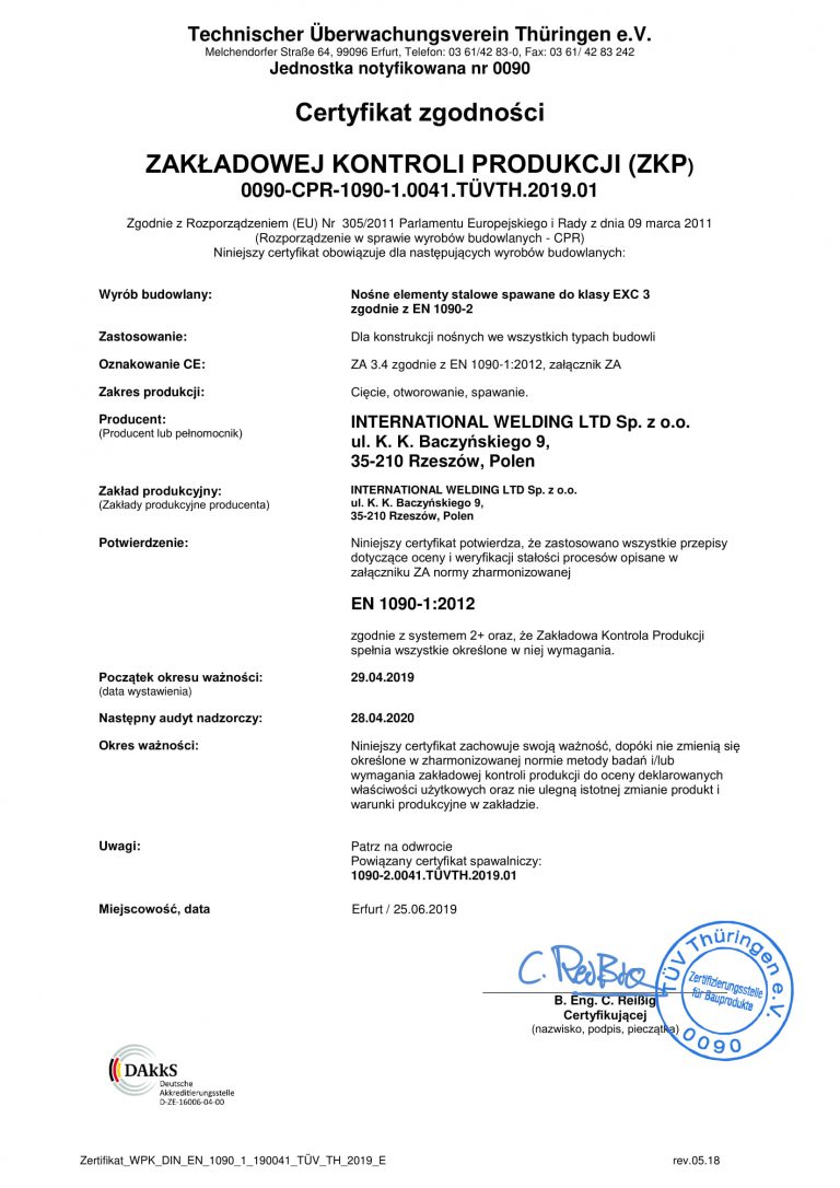 FB CPR 1090-1 014 Zertifikat WPK 190041 TÜV TH 2019 01 PL