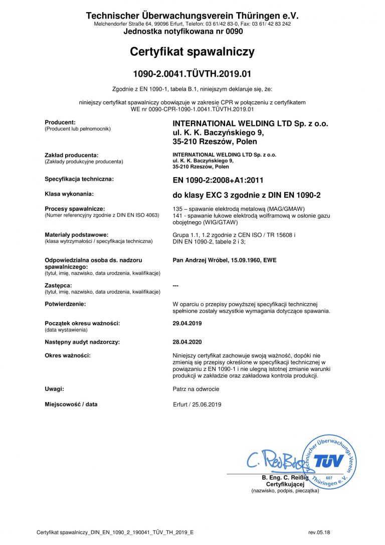 FB CPR 1090-1 015 Certyfikat spawalniczy 190041 TÜV TH 2019 01 PL