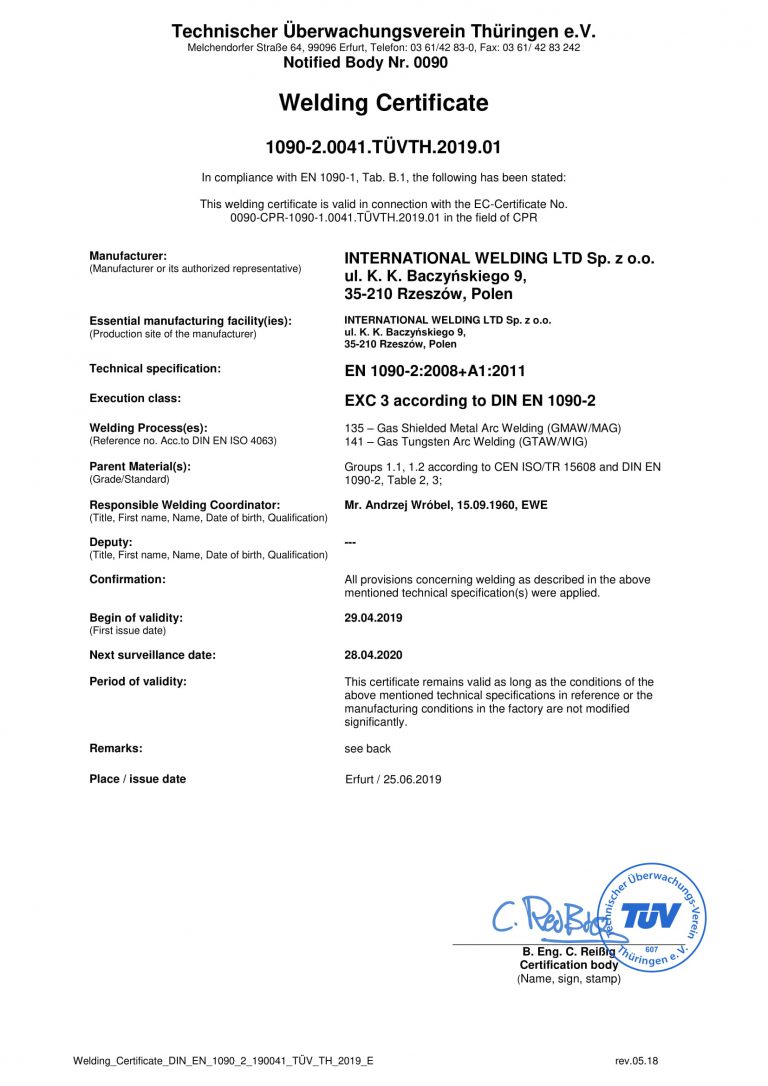 FB CPR 1090-1 015 Welding Certificate 190041 TÜV TH 2019 01 EN